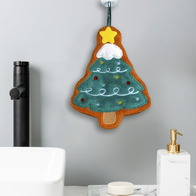 Toalla de Mano Navideña | Toalla de Poliéster Verde para Baño y Cocina | 26 X 21 Cm | Diseños Festivos | Suave y Absorbente | Incluye Anilla para Colgar | 1 Unidad