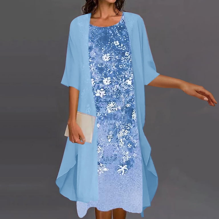Bigersell Womens Two-Piece Set Floral Printed Midi Dress with Cardigan 3/4  Sleeve Jackets Dress V-Neck Sleeveless Plus Size Wedding Guest Formal  Dresses A-Line Beach Sundresses Style A3, Blue, 3XL - Walmart.com