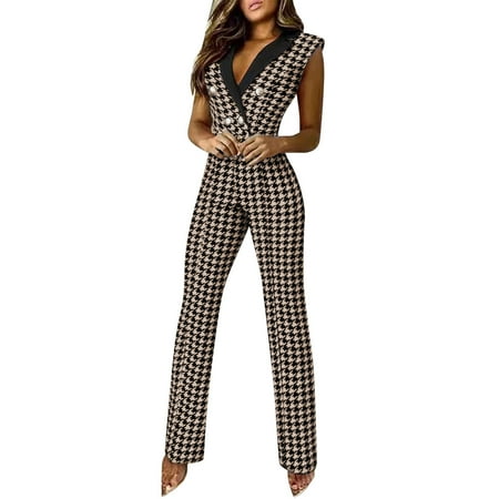

Casual Jumpsuits For Women Button V-Neck Sleeveless Houndstooth Professional Wear Romper Beige L