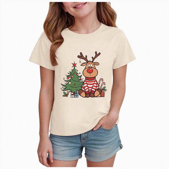 NOLDARES Christmas Shirts for Girl Merry Christmas Short Sleeve Tshirt Christmas Tree Holiday Tops,A635-Beige