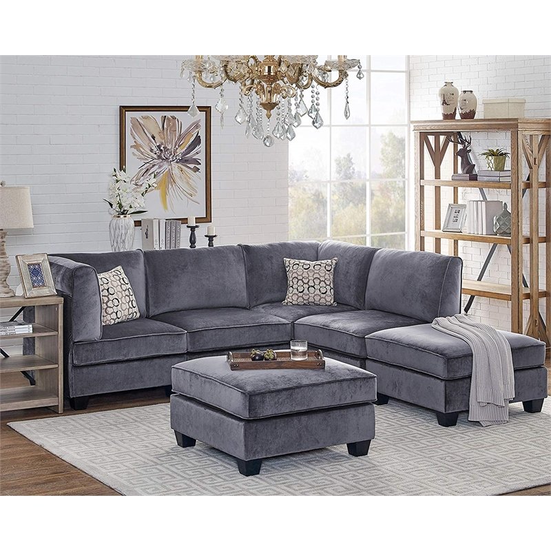 Bowery Hill Upholstery Velvet Fabric 6Pc Modular Sectional Sofa in Gray