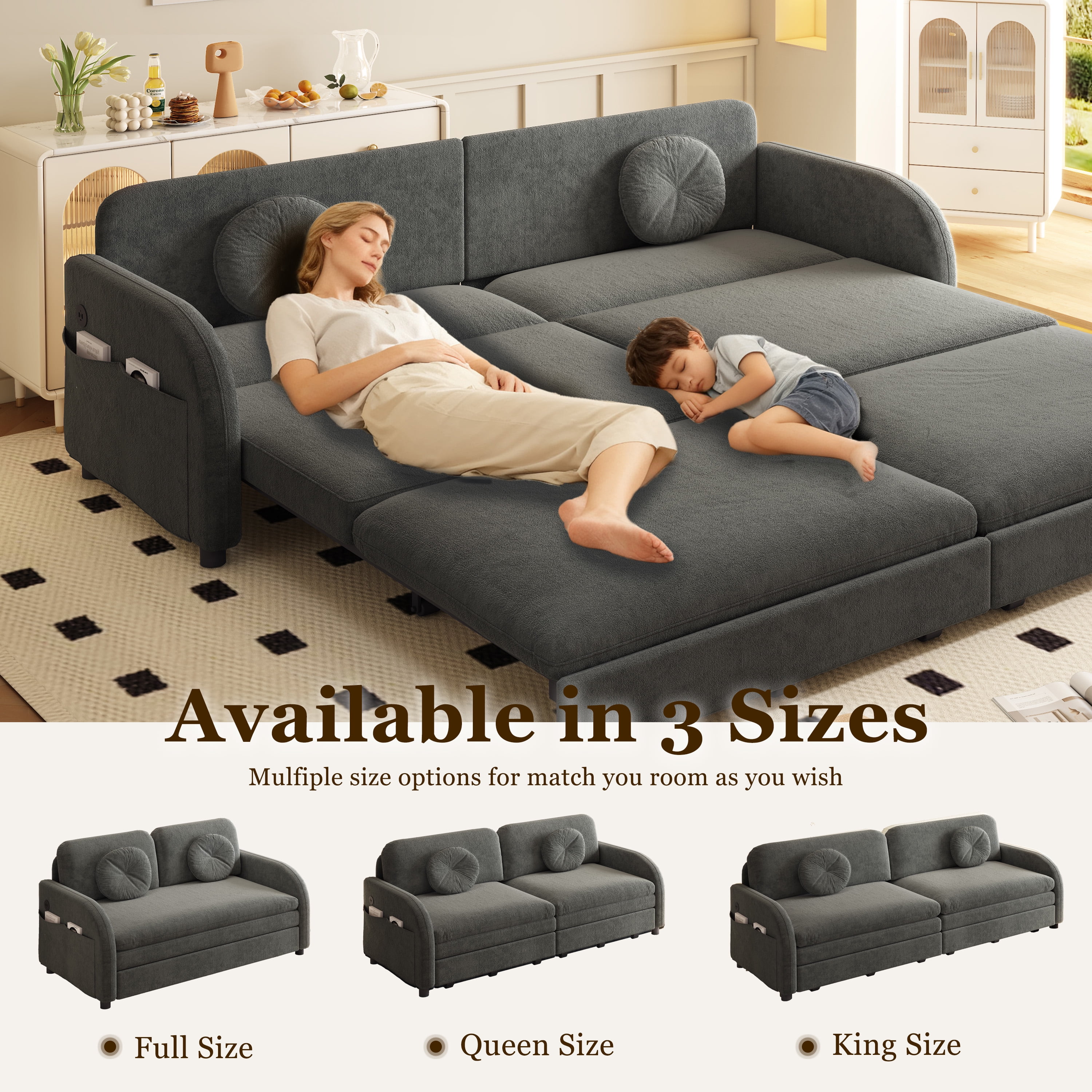 LLappuil Pull Out Sofa Bed Queen Size, Loveseat Sofa Covertible Sofa Bed, Chenille Sofa Couch with USB Port, Side Pocket for Living Room Gray