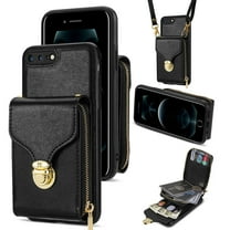 Allytech Case for iPhone 7 / 8 / SE 2022 & 2020, [Large Capacity] Wallet Case with Card Slots & Zipper Pocket, Premium PU Leather Metal Snap Kickstand Shockproof Case with Shoulder Strap, Black