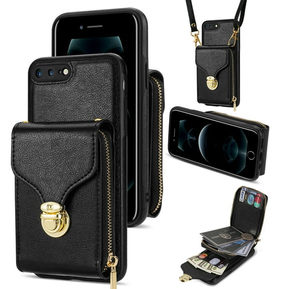 Allytech Case for iPhone 7 / 8 / SE 2022 & 2020, [Large Capacity] Wallet Case with Card Slots & Zipper Pocket, Premium PU Leather Metal Snap Kickstand Shockproof Case with Shoulder Strap, Black