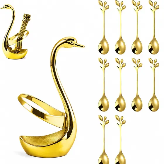 Creative Gold Coffee Spoon Set, Decorative Swan Base Holder, 10Pcs Leaf Shaped Stainless Steel Mini Teaspoons, Mirror Polished Stirring Spoons for Dessert, Ice Cream, Sugar, Afternoon Tea Table Decor
