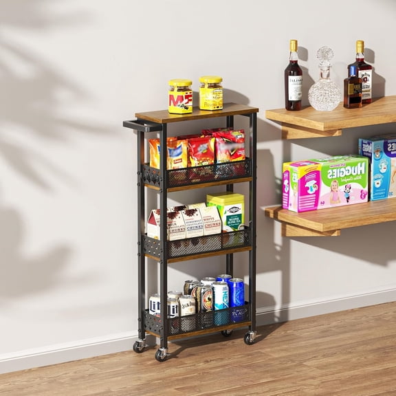 4-Tier Slim Rolling Storage Cart for Kitchen Bathroom Organizer, Mobile Narrow Storage Cabinet Utility Cart with Wood Rack on Wheels for Pantry Laundry Small Space