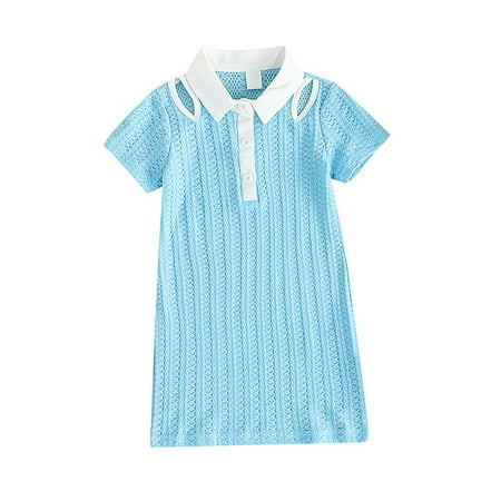 

Toddler Girl Solid Color Dress Summer Lapel Shoulder Hollow Dresses Straight Short Sleeve Baby Sundress Streetwear
