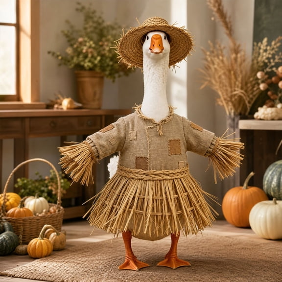 Fall Porch Goose Outfit Scarecrow Style with Straw Hat and Patchwork Tunic Cute Farmhouse Yard Accessory for 19 To 23 Inch Front Porch Lawn Decor