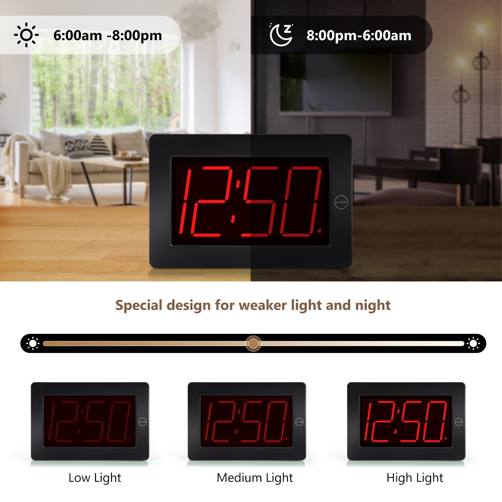 Kwanwa 8" Digital Wall Clock, Alarm Clock Battery Operated, Auto Dimmer Mode, Tabletop, Bedroom, Living Room, Office