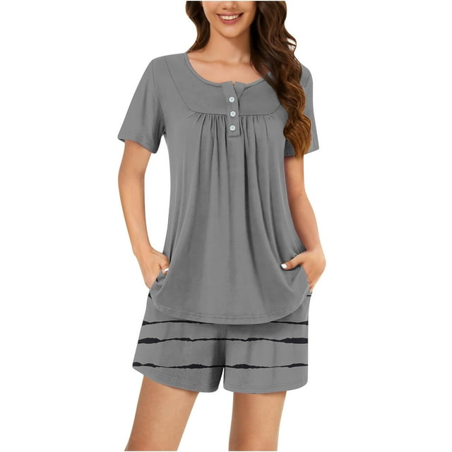 Birdeem Ensembles de Pyjama pour Femmes 2 Pcs Femmes Décontracté Col Rond Imprimé Manches Courtes Blouse Mode Pantalon Ensemble de Pyjama