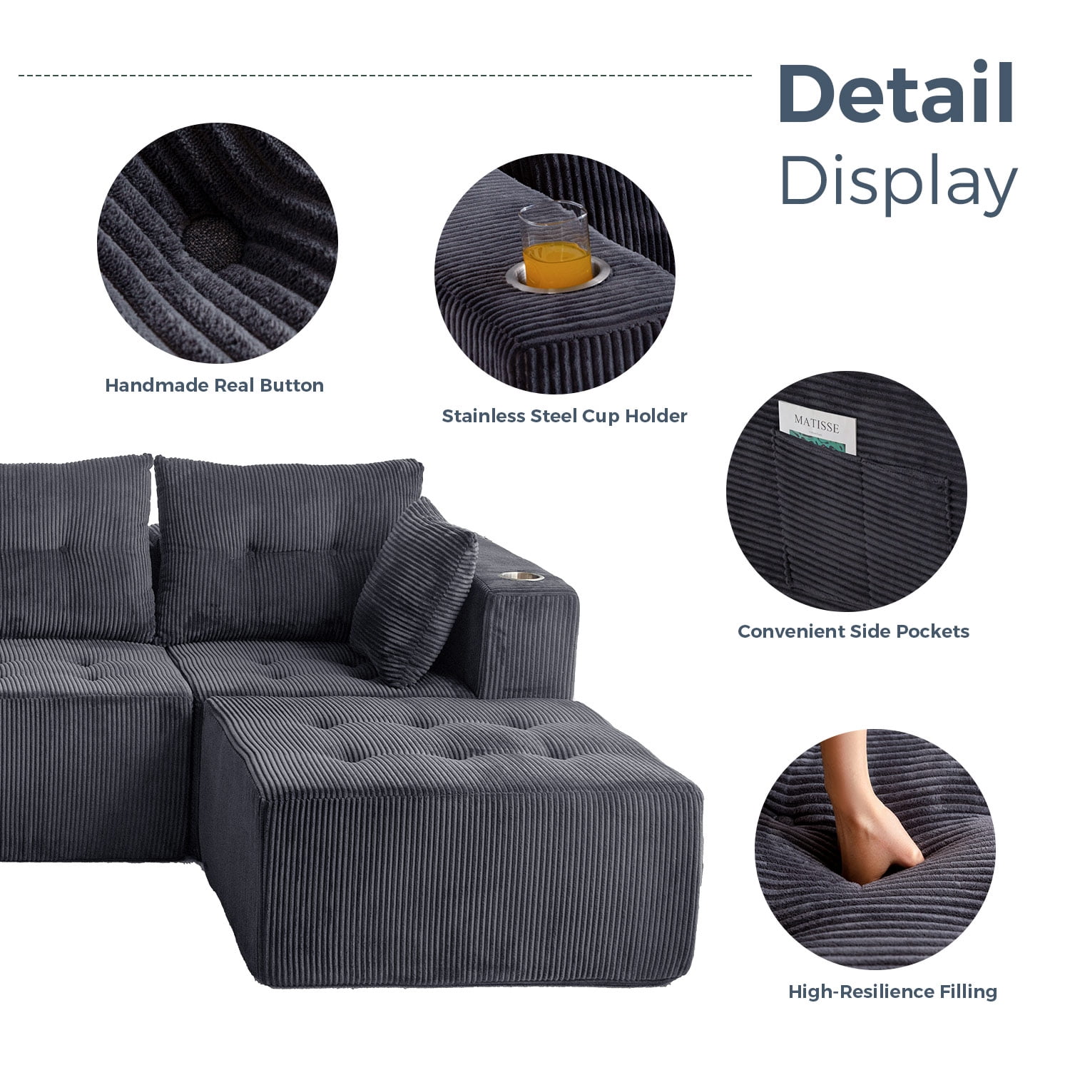 BYBYME 129"Oversized U Shaped Couch,6 Seat Sectional Corduroy Tufted Sofa,Upholstered Symmetrical Cloud Couch with Double Chaise,Wrap Around Sofa for Living Room Apartment Office,Sofa in A Box,Grey