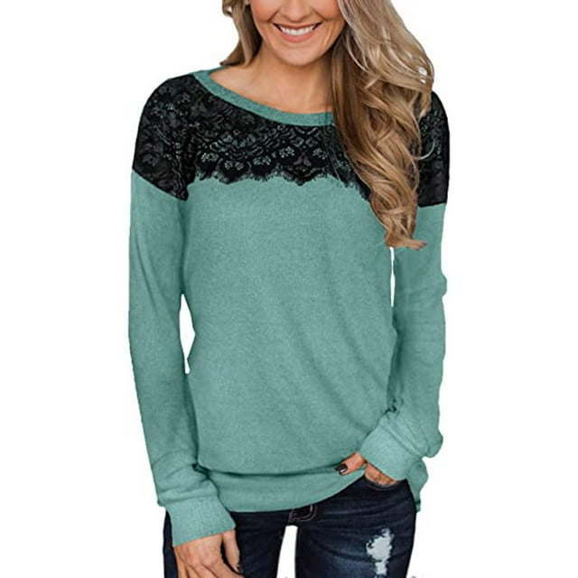 Pompotops Blouse Décontractée Automne pour Femmes Col Rond Sexy Manches Longues en Dentelle
