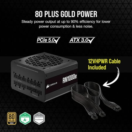 CORSAIR - RMe Series RM1000e 80 PLUS Gold Fully Modular Low-Noise ATX 3.0 and PCIE 5.0 Power Supply - Black