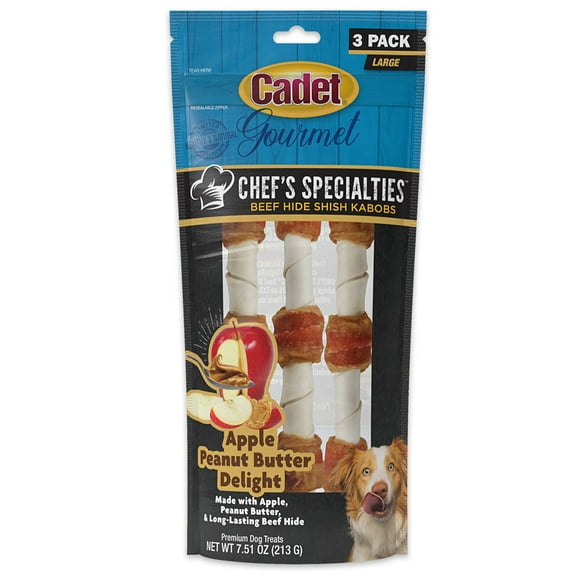 Cadet Chef's Specialties Beef Hide Shish Kabob Dog Treats - Apple & Peanut Butter Delight Flavor Large (3 Count)