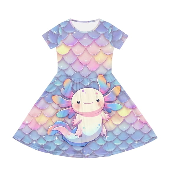 Uourmeti Girls Axolotl Dresses Size 3-4 Fish Scale Short Sleeve Swing Dress Summer Crewneck Midi Dresses Casual Soft Knee Length A-Line Dress with Pockets