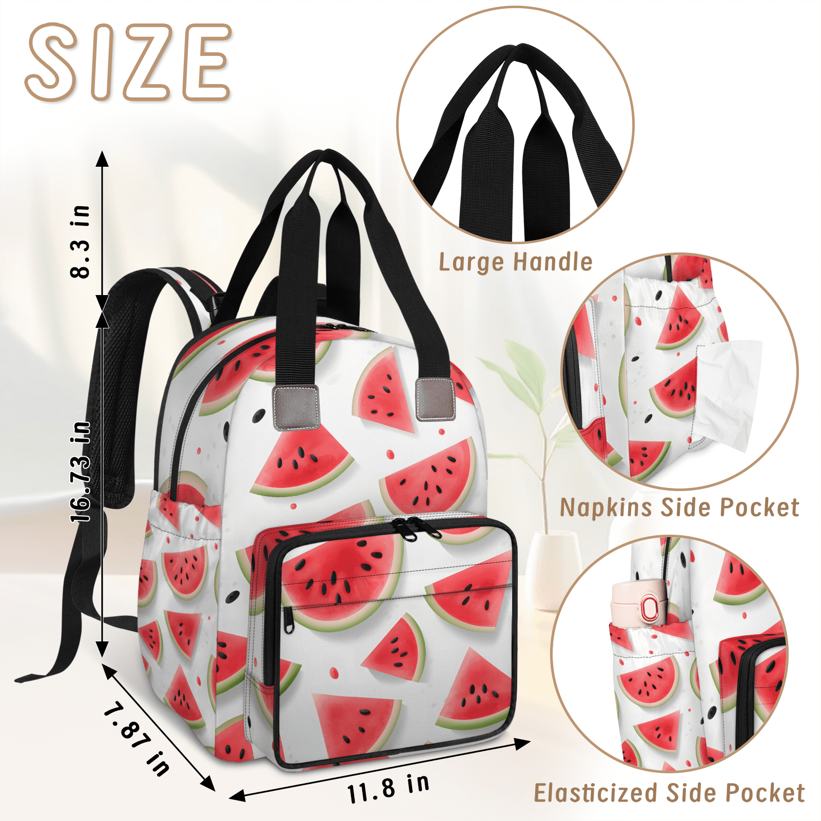 Sweet Watermelon Diaper Bag Backpack Baby Essentials Travel Tote Bag with Insulated Pockets Multi-functional Diaper Bags Organizer Bag for Women Men