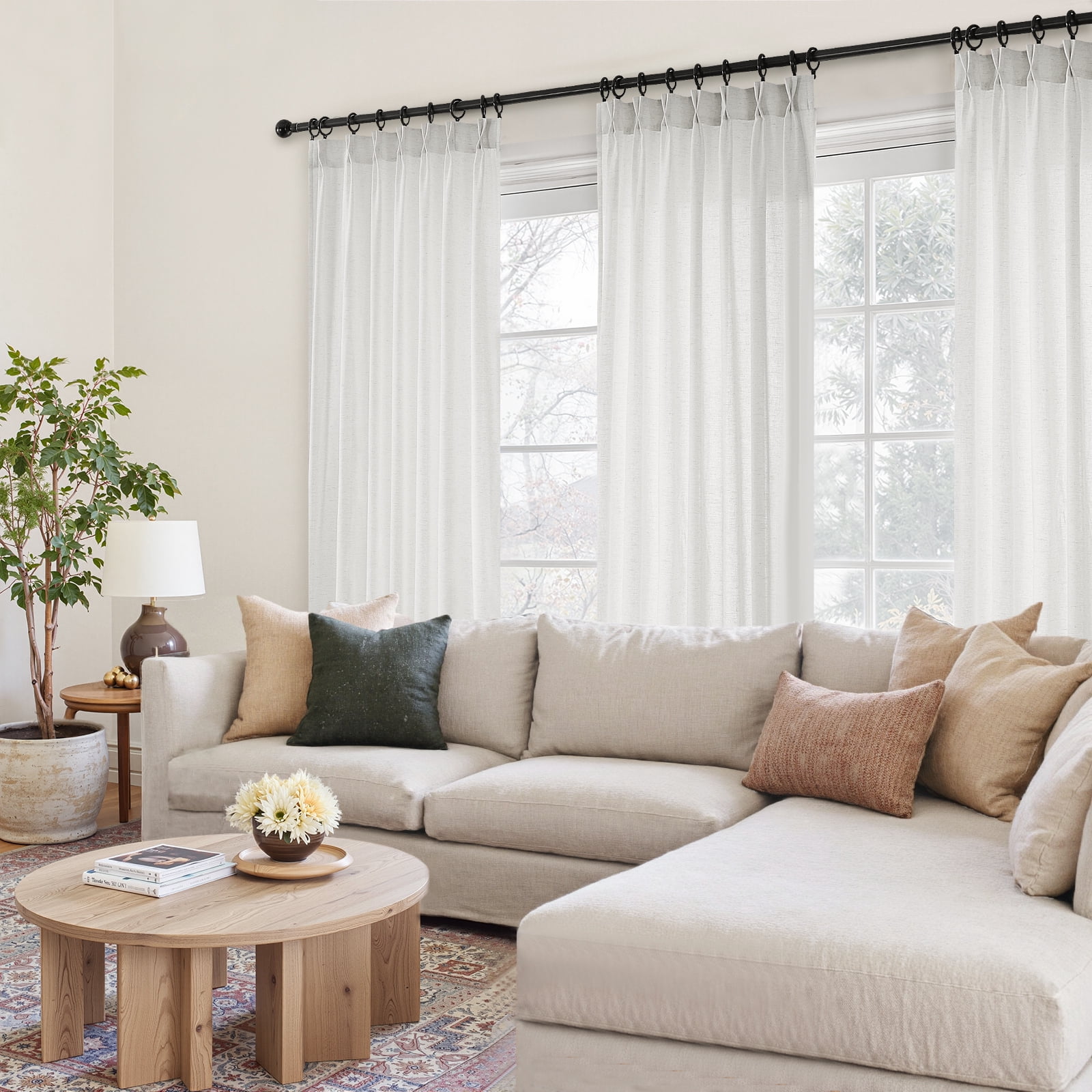 Jainmy Pinch Pleated Linen Curtains, Boho Light Filtering Living Room Bedroom Curtain,Window Treatments with Hook,Natural, 40x90 inch, 2 Panels