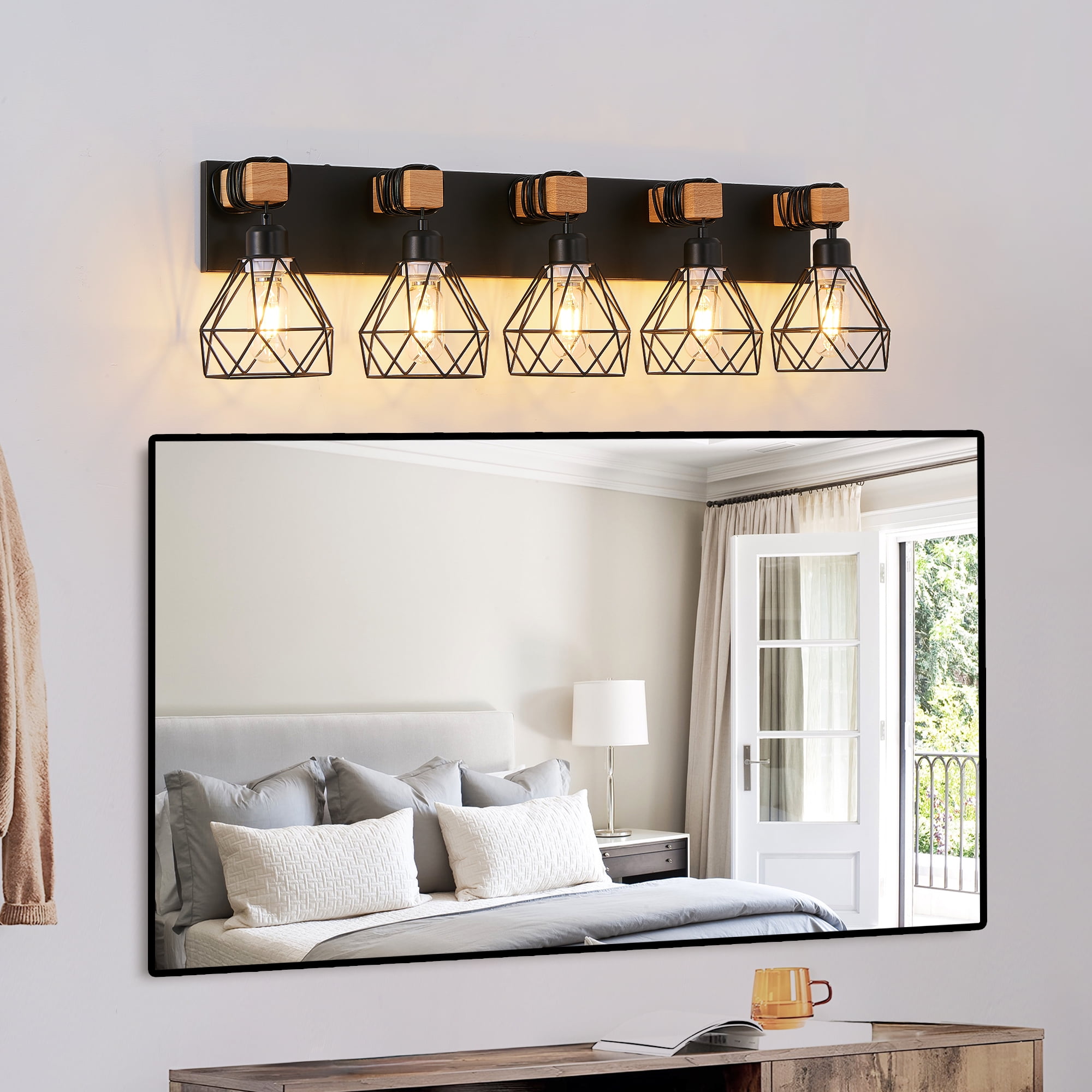 5-Light Farmhouse Bathroom Light Fixtures with Black Metal Cage Lampshade Rustic Wood Vanity Light Black and Wood Finish