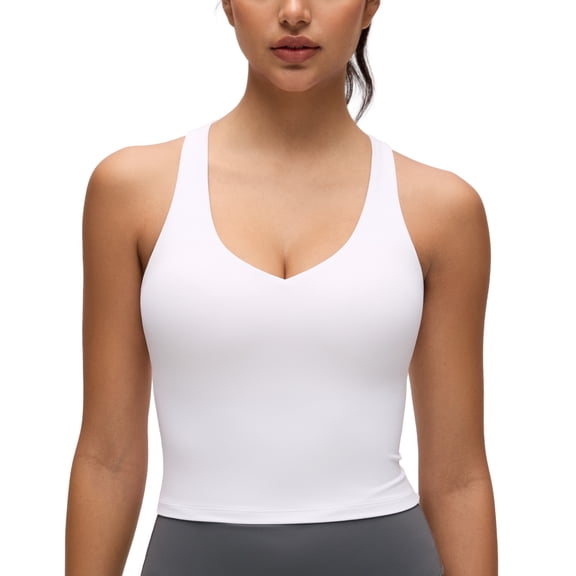 CRZ YOGA Butterluxe Racerback Padded Yoga Longline Sports Bra for Women V Neck Crop Tops