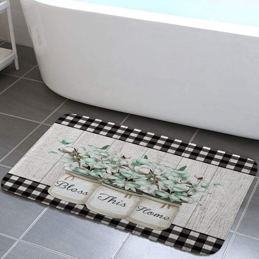 Farmhouse Bathroom Rug Bath Mat, Farm Cotton Flower in Jar on Country Rustic Gray Wooden Plank ...