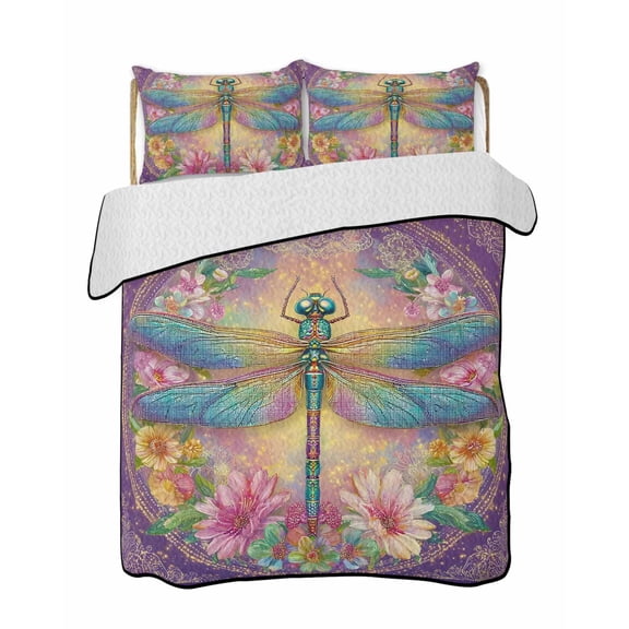 Twin Quilt Bedding Set, Purple Dragonfly Reversible Summer Quilt 3 Pieces, Colorful Flowers Watercolor Chic Floral Plant Lightweight Bedspreads Coverlets with 2 Pillow Shams for All Seasons