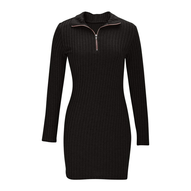 Womens Ribbed Knit Sweater Dress Solid Long Sleeve V-Neck Zip-Up Dresses Fall Winter Simple Warm Bodycon Sweater Dress - Walmart.com Womens Ribbed Knit Sweater Dress Solid Long Sleeve V-Neck Zip-Up Dresses Fall Winter Simple Warm Bodycon Sweater Dress - Walmart.com