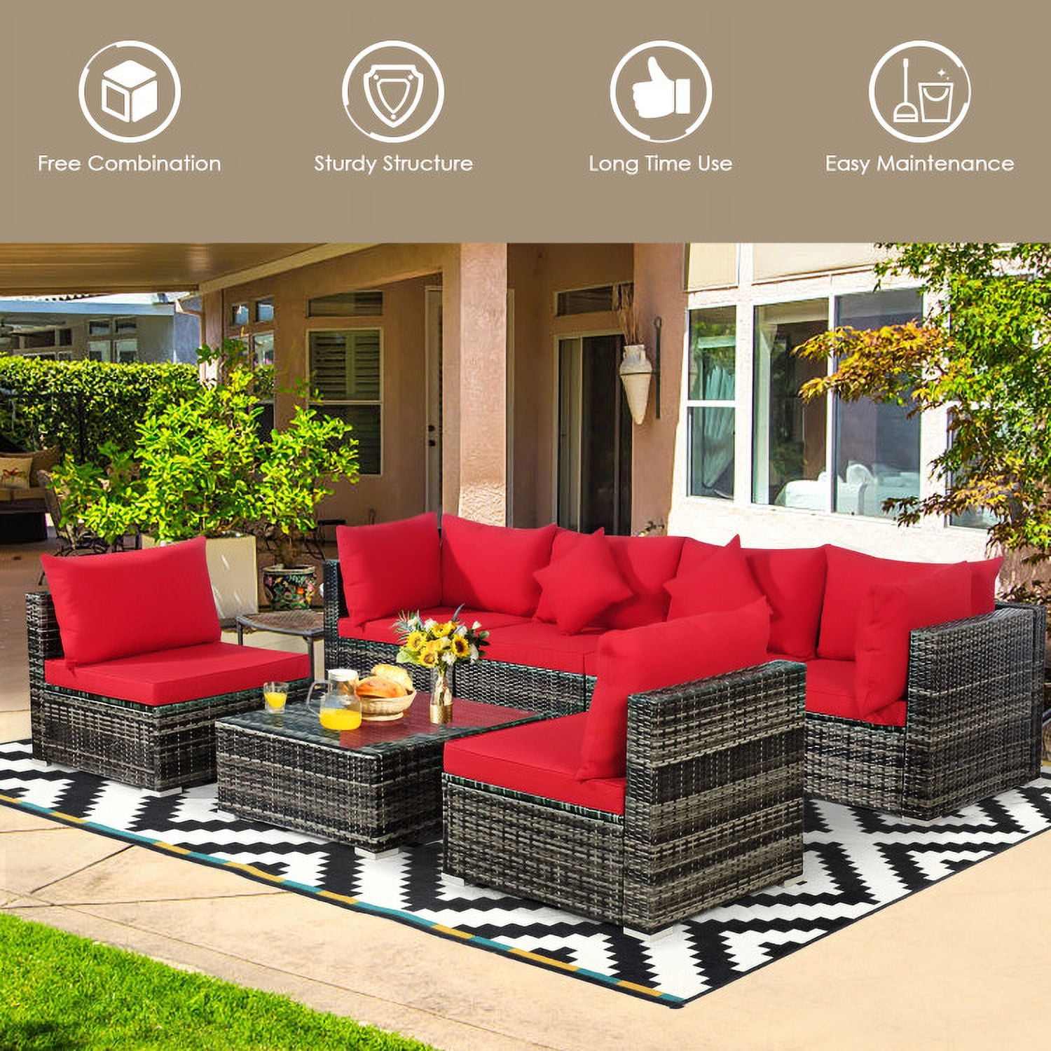 Aimee Lii 7 Pieces Patio Rattan Furniture Set Sectional Sofa Garden Cushion, Outdoor Deck Furniture, Red Aimee Lii 7 Pieces Patio Rattan Furniture Set Sectional Sofa Garden Cushion, Outdoor Deck Furniture, Red