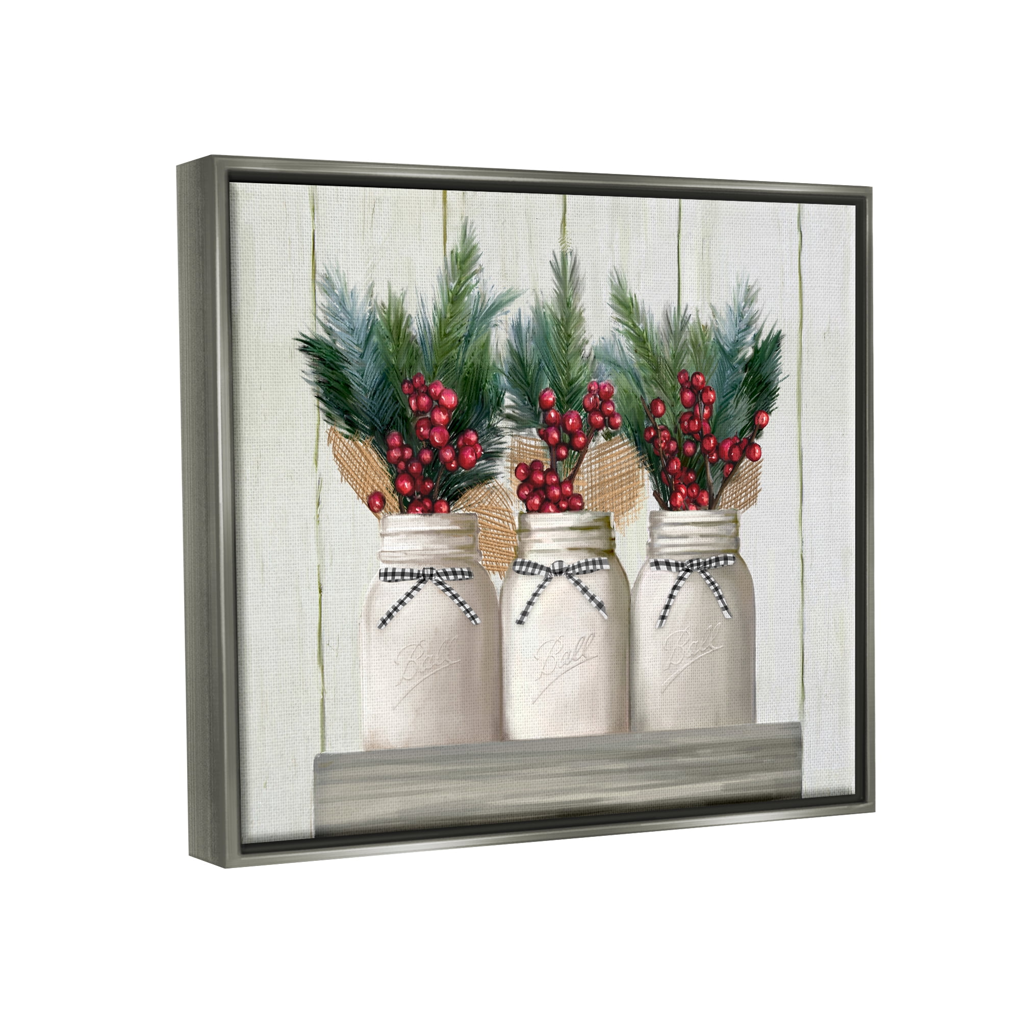 Stupell Industries White Country Jars with Christmas Berry Bouquets Luster Gray Framed Floating Canvas Wall Art, 16x20, by Ziwei Li