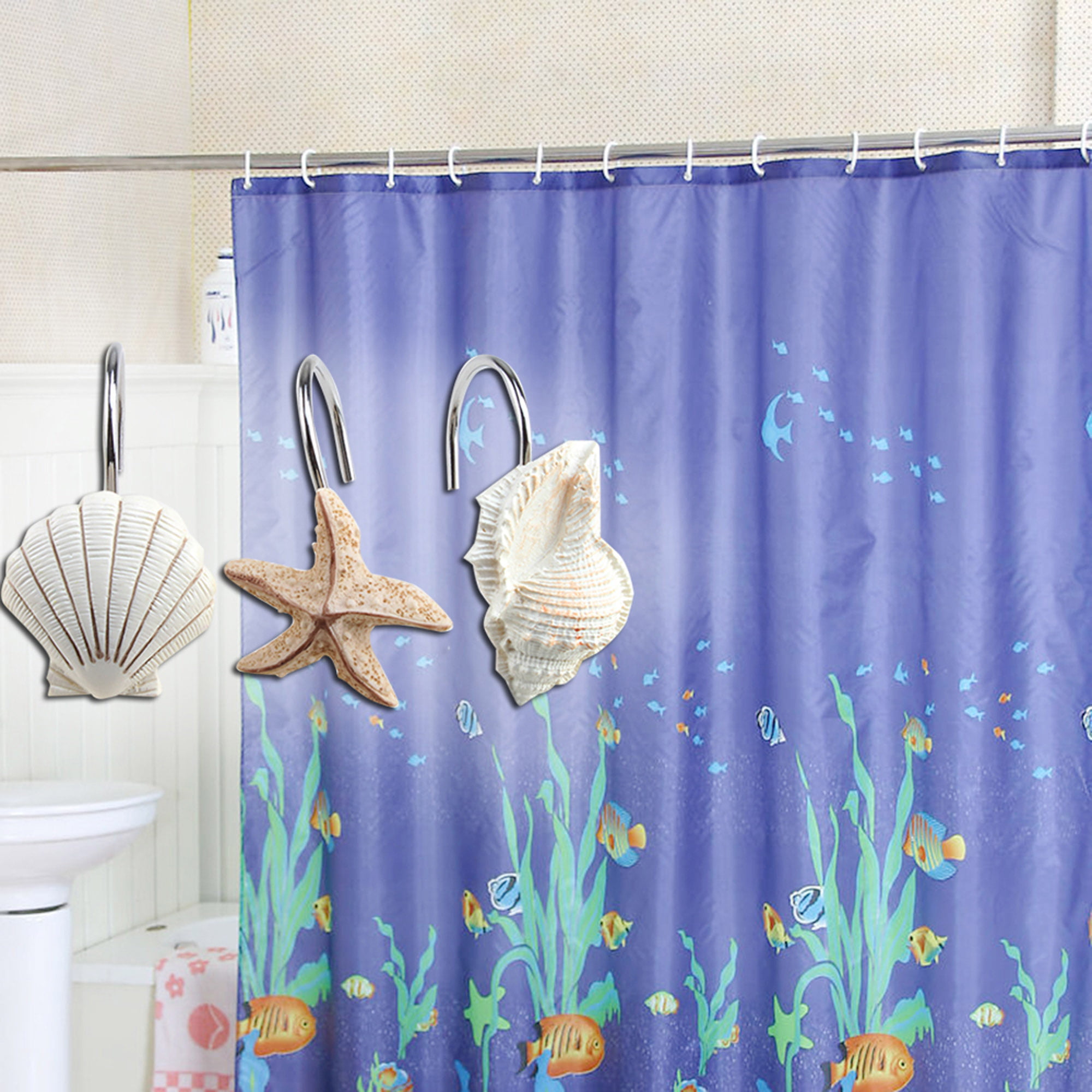 12pcs Resin Decorative Seashell Shower Curtain Hooks Bathroom Beach Shell Tools 