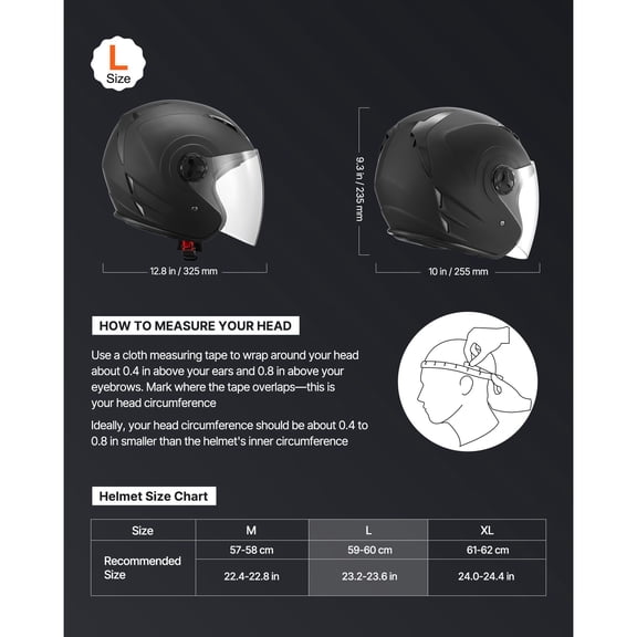 DOT Approved Matte Black L Adult Motorcycle Helmet 3/4 Open Face with Clear Visor Detachable Liner for Men Women Motocross Dirt Bike Racing Street