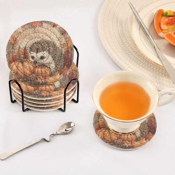 BZSMCE 6Pcs Drink Coasters With Holder 3.94Inch Hedgehog Surrounded by Autumn Creative Coil Coaster Coasters Colors Absorbent Coasters for Drinks Coasters Set Thicken Heat for Home Table