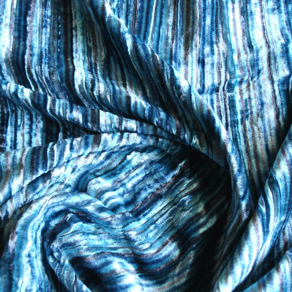 Fabric Mart Direct Aqua tones Velvet Fabric By The Yard, 44 inches or 111 cm width, 18 Continuous Yards Blue Velvet Fabric, Aqua Swirls, Pin Stripes Technique, Upholstery Drapery Curtain Wholesale