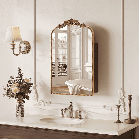 Jableast 16x24in Vintage Arched Medicine Cabinet with Mirror, Wall Mounted Bathroom Storage, Recessed/Surface Mount, Baroque Retro Design, Gold Beaded Border, Easy Install Vanity Cabinet