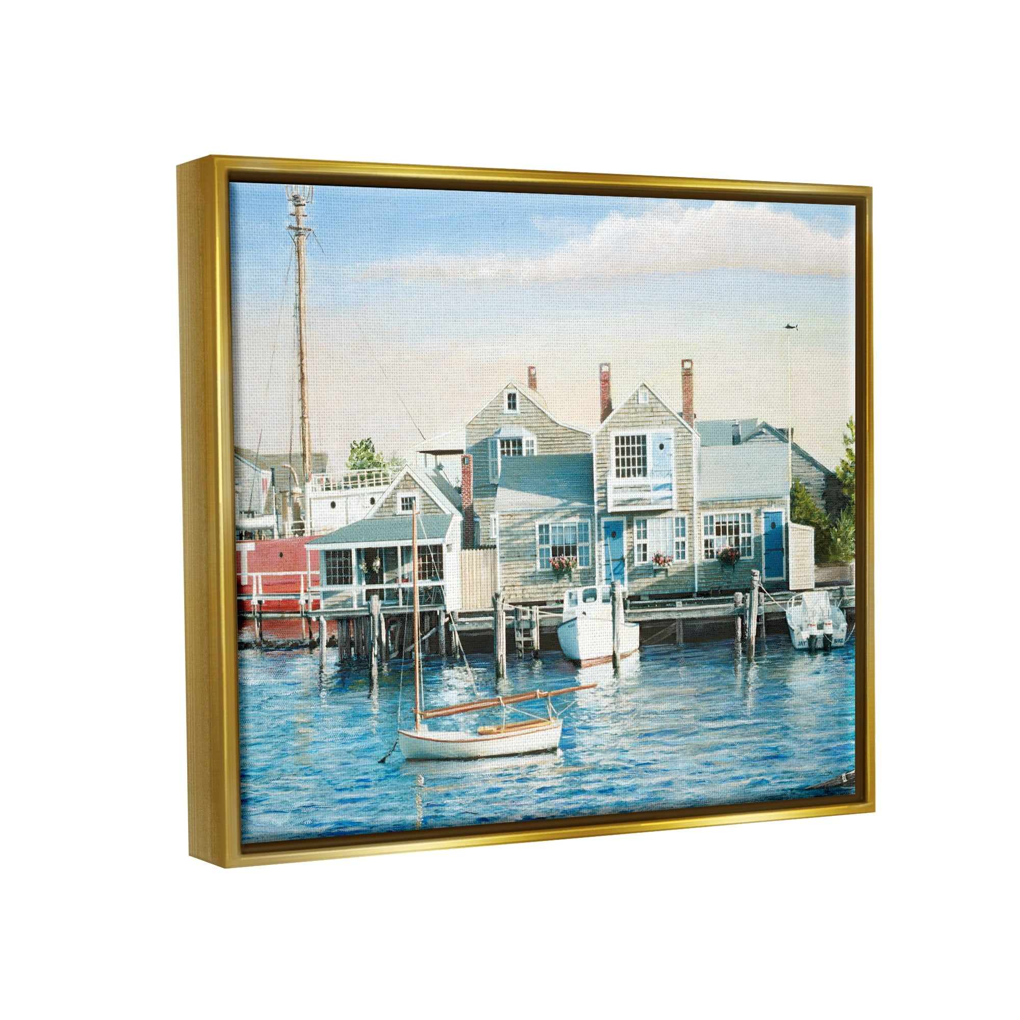 Stupell Industries Relaxing Boats Floating Harbor Marina Ocean Town Photograph Metallic Gold Floating Framed Canvas Print Wall Art, Design by Tom Mielko