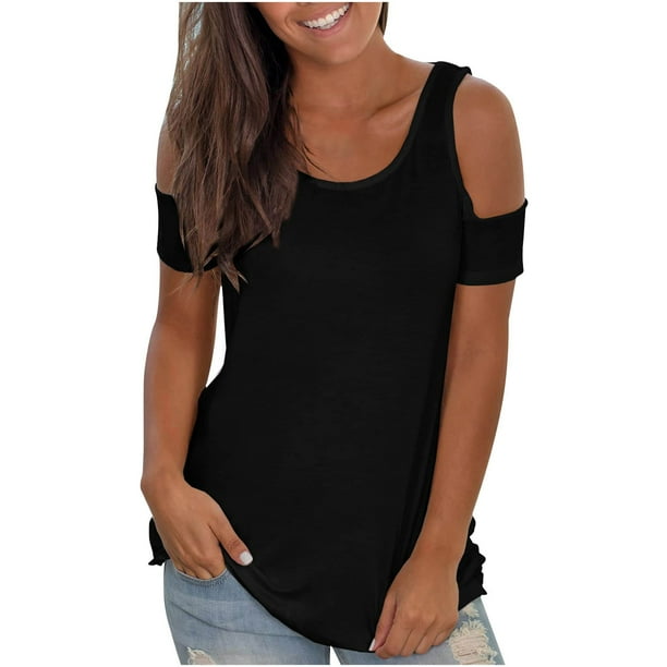 Tops con hombros descubiertos para mujer, camiseta lisa de manga corta con espalda abierta, blusas informales holgadas sin espalda sexy Pompotops hfajkhk133006