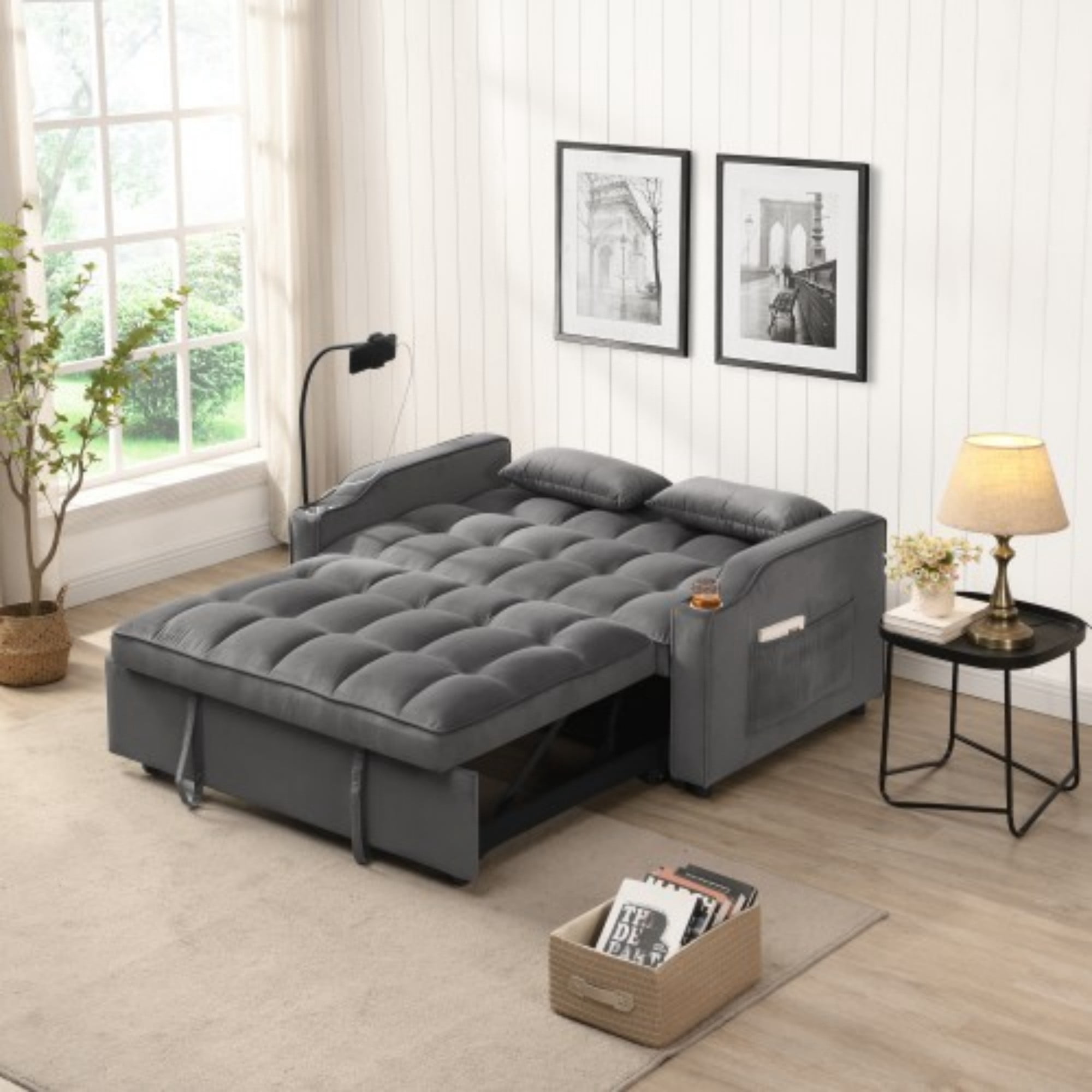 Velvet Loveseat Sofa Bed, 3-in-1 Convertible Sleeper Couch with USB Ports & Pullout Bed, Dark Gray