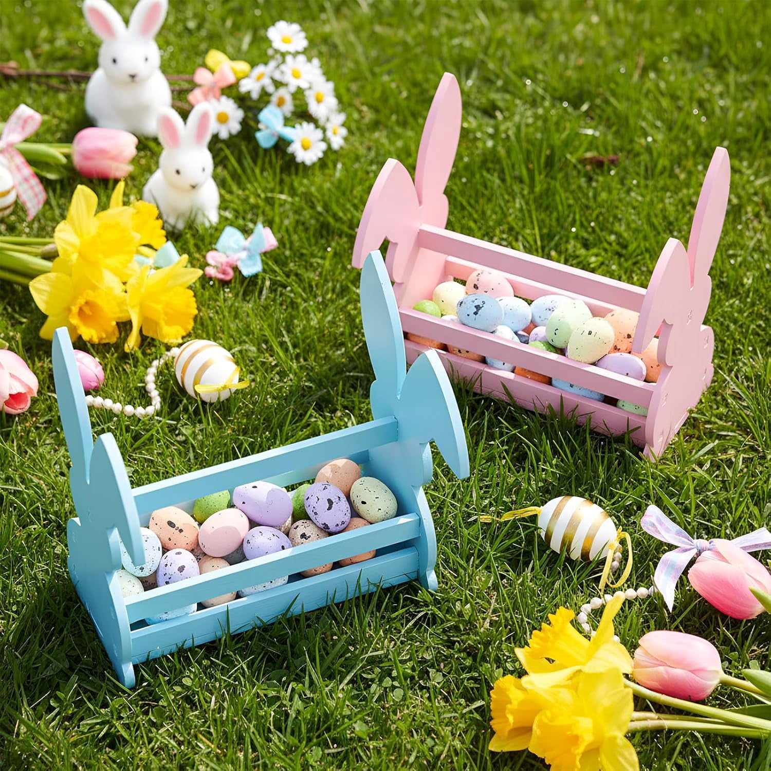 2 Pcs Wood Bunny Easter Baskets with Handle, Cute Easter Rabbit Candy Eggs Basket Empty Hunt Container Storage for Gifts, Pink and Blue