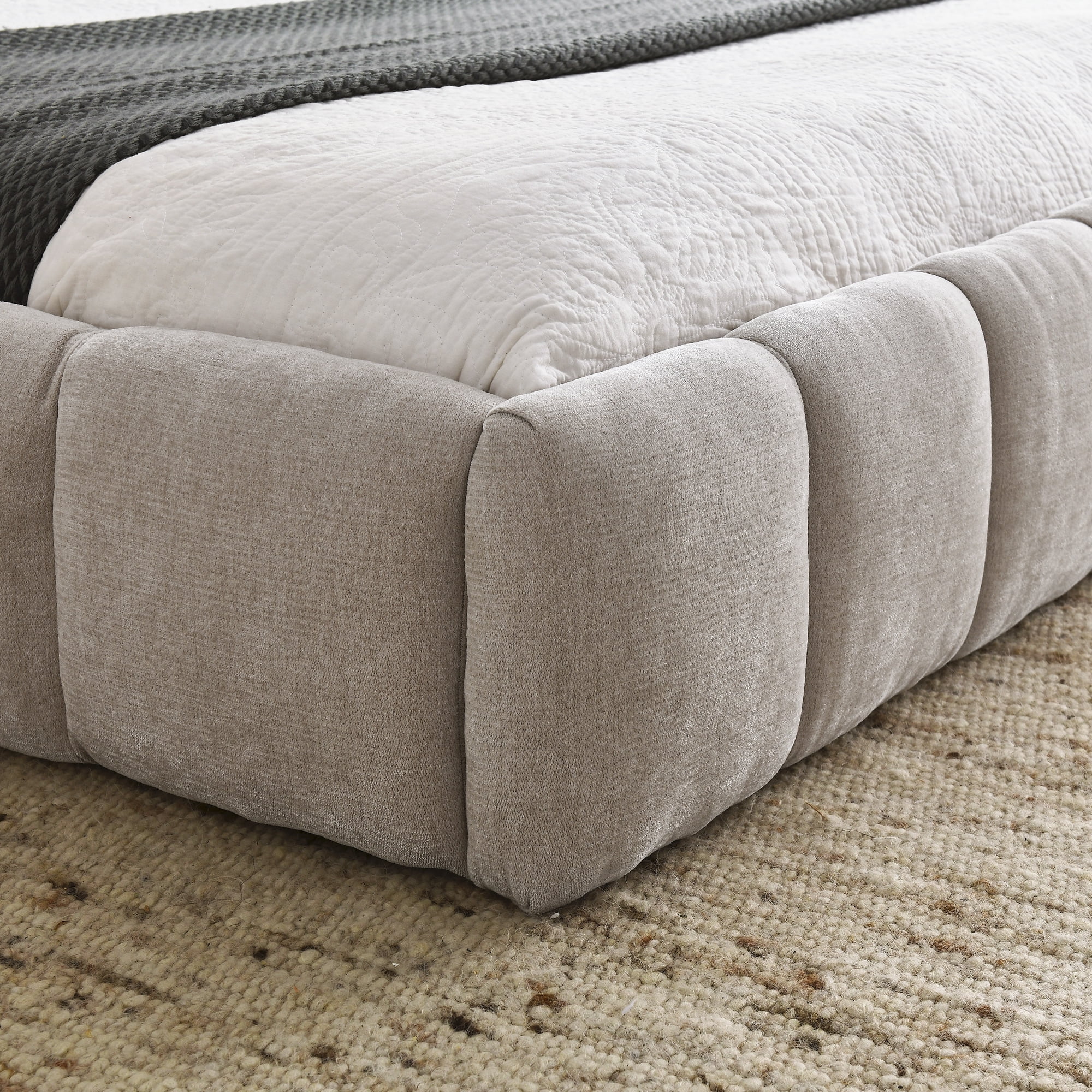 Queen Bed Frame with Thick Fabric, Chenille Fabric Grounded Queen Size Platform Bed with Headboard and Solid Frame, No Box Spring Needed, Upholstered Bed Frame Queen & Soft Bed Frame
