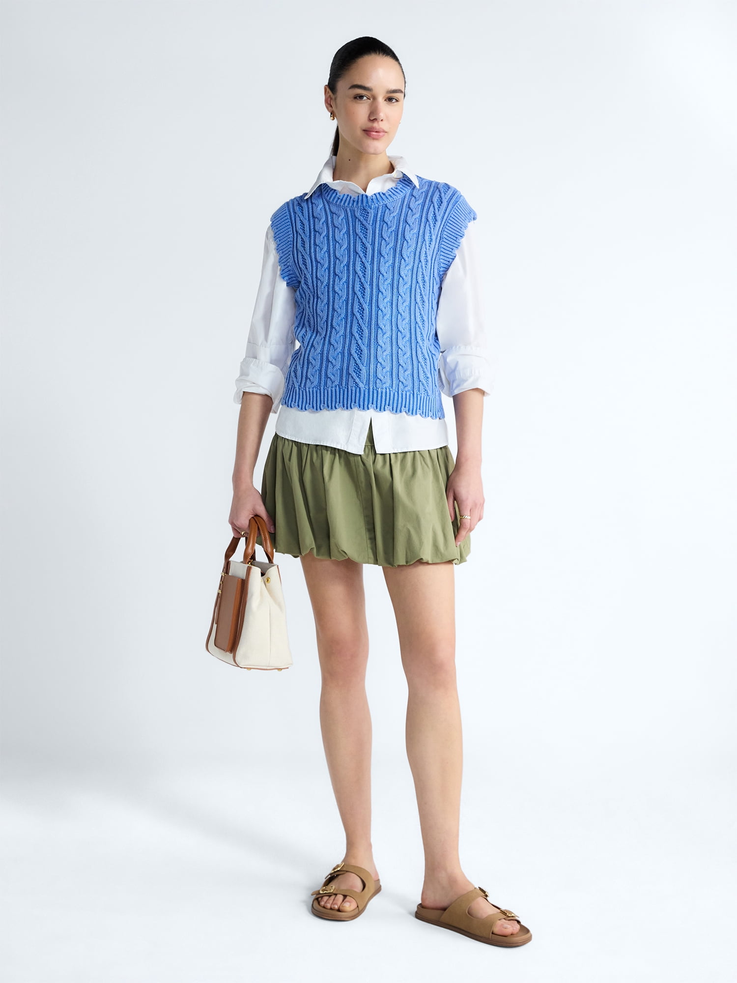 Free Assembly Women's Scalloped Cable Knit Cotton Vest, Sizes XS-XXL