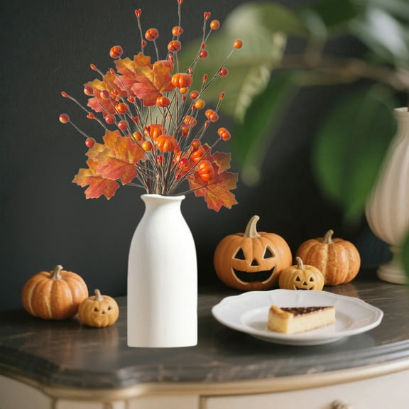 Fall Pumpkin Leaf Stem Bouquet - Halloween Thanksgiving Table Centerpiece Plastic Harvest Decor Seasonal Arrangement Filler Branch Decor(A)