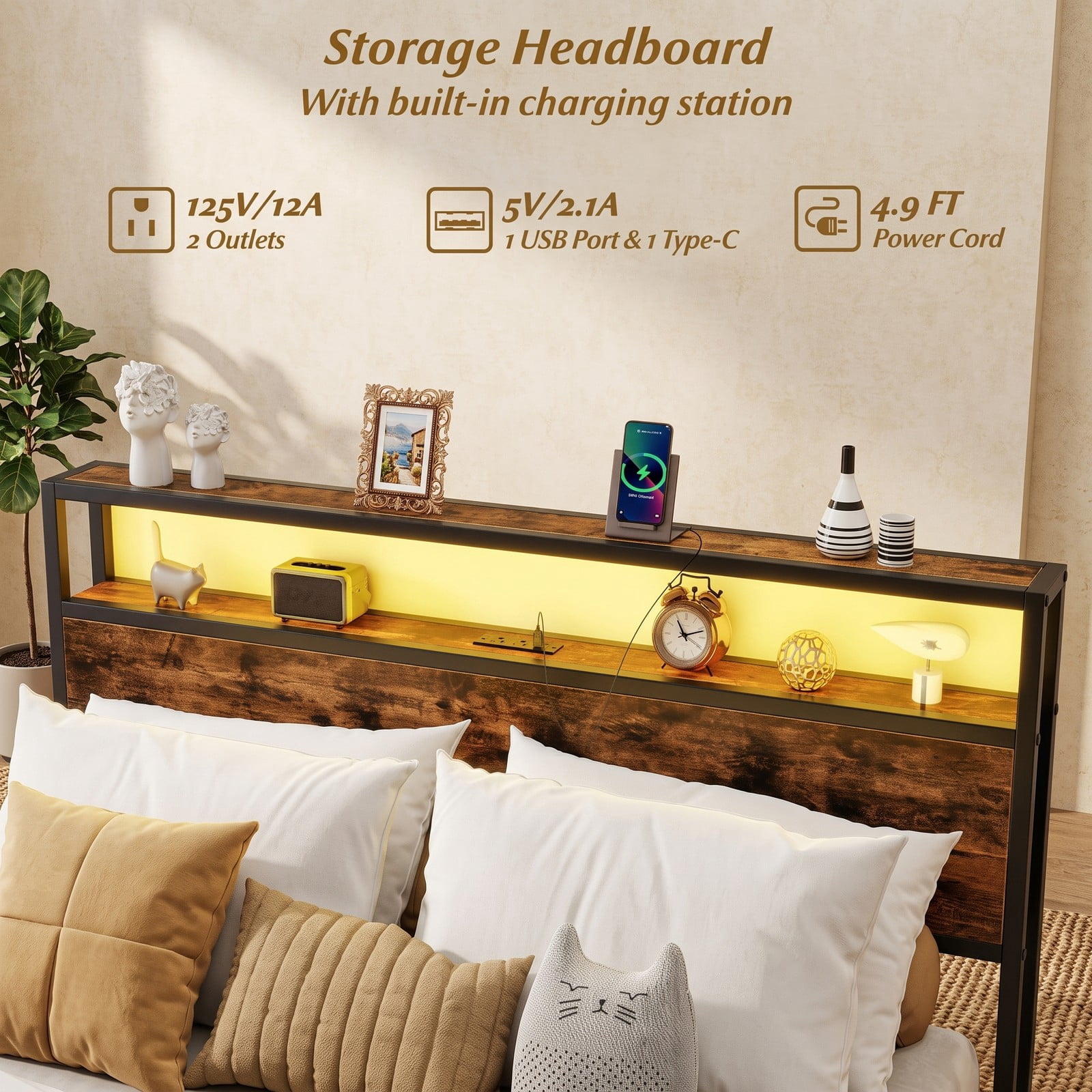 Furnibear Queen Bed Frame with Storage, Metal Platform Bed with 4 Drawers, LED Lights and 2-Tier Storage Headboard, Rustic Brown