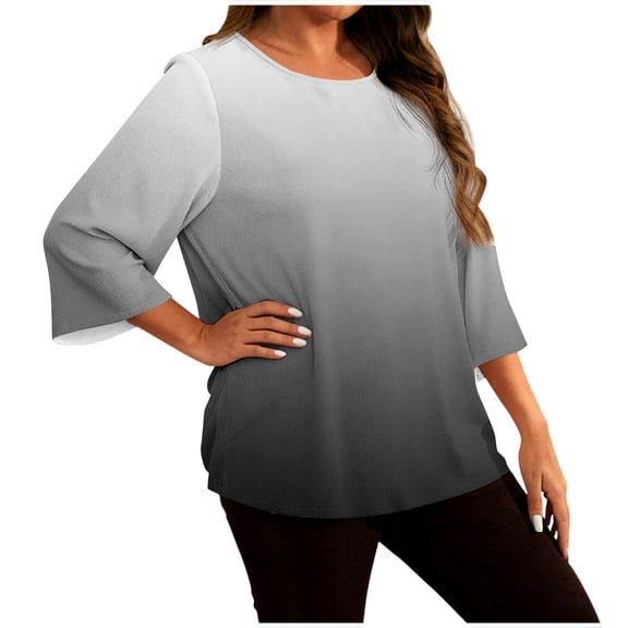 LEBONYARD Women's Trendy Plus Size Round Neck Multiple Color Printed 3/4 Sleeve Loose Comfortable Fit Casual Fashion Regular Pullover Shirt Top
