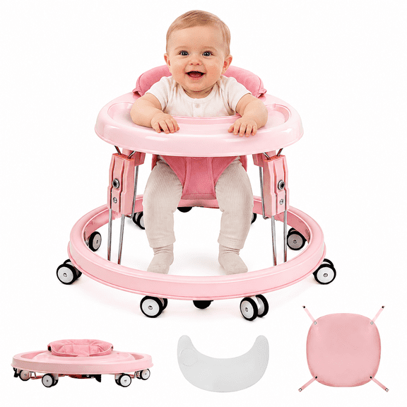 PRVAETU Foldable Baby Walker with 360° Wheels,Heights Adjustable,Dining Tray,Anti-Rolling,Foot Pad, 6-18 Months Infant,Full Pink