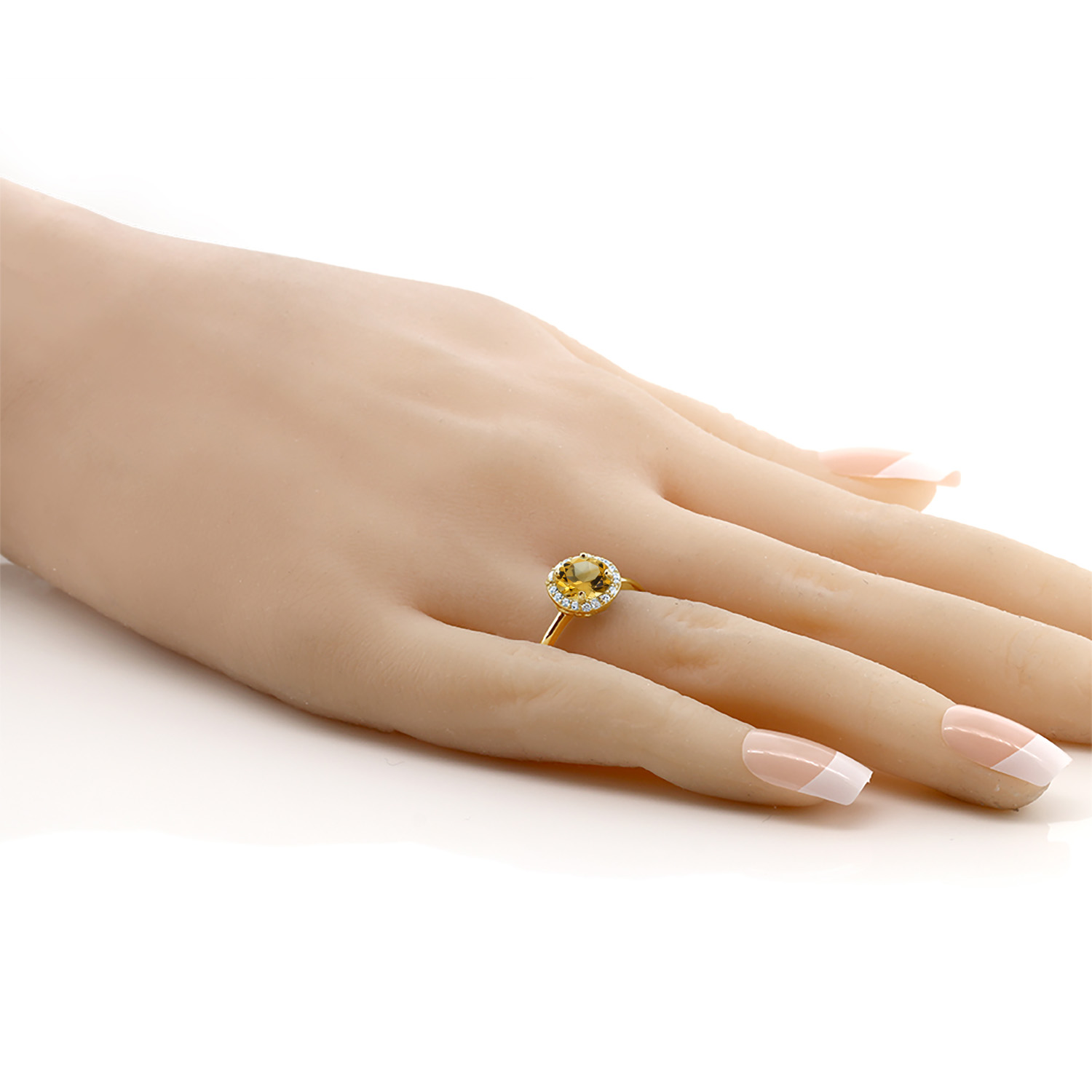 Gem Stone King 18K Yellow Gold Plated Silver Yellow Citrine and White Moissanite Halo Engagement Ring for Women (1.43 Cttw, Gemstone November Birthstone, Round 7MM, Size 7)