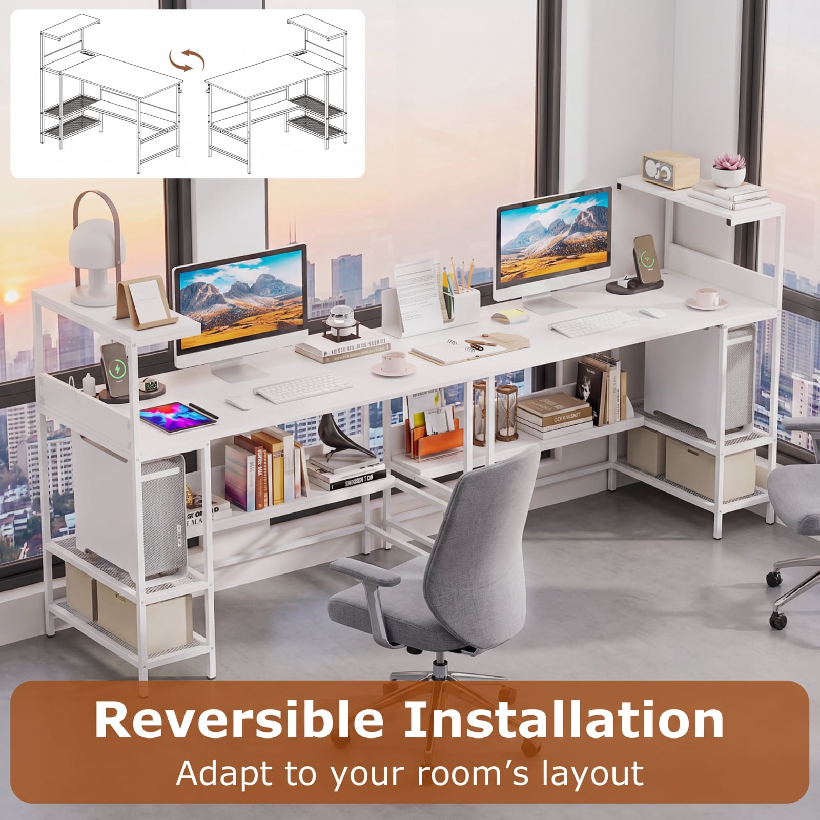 Furnibear 48 Inch Computer Desk Home Office Desk with Power Outlets and Storage Shelves for Study Workspace, White