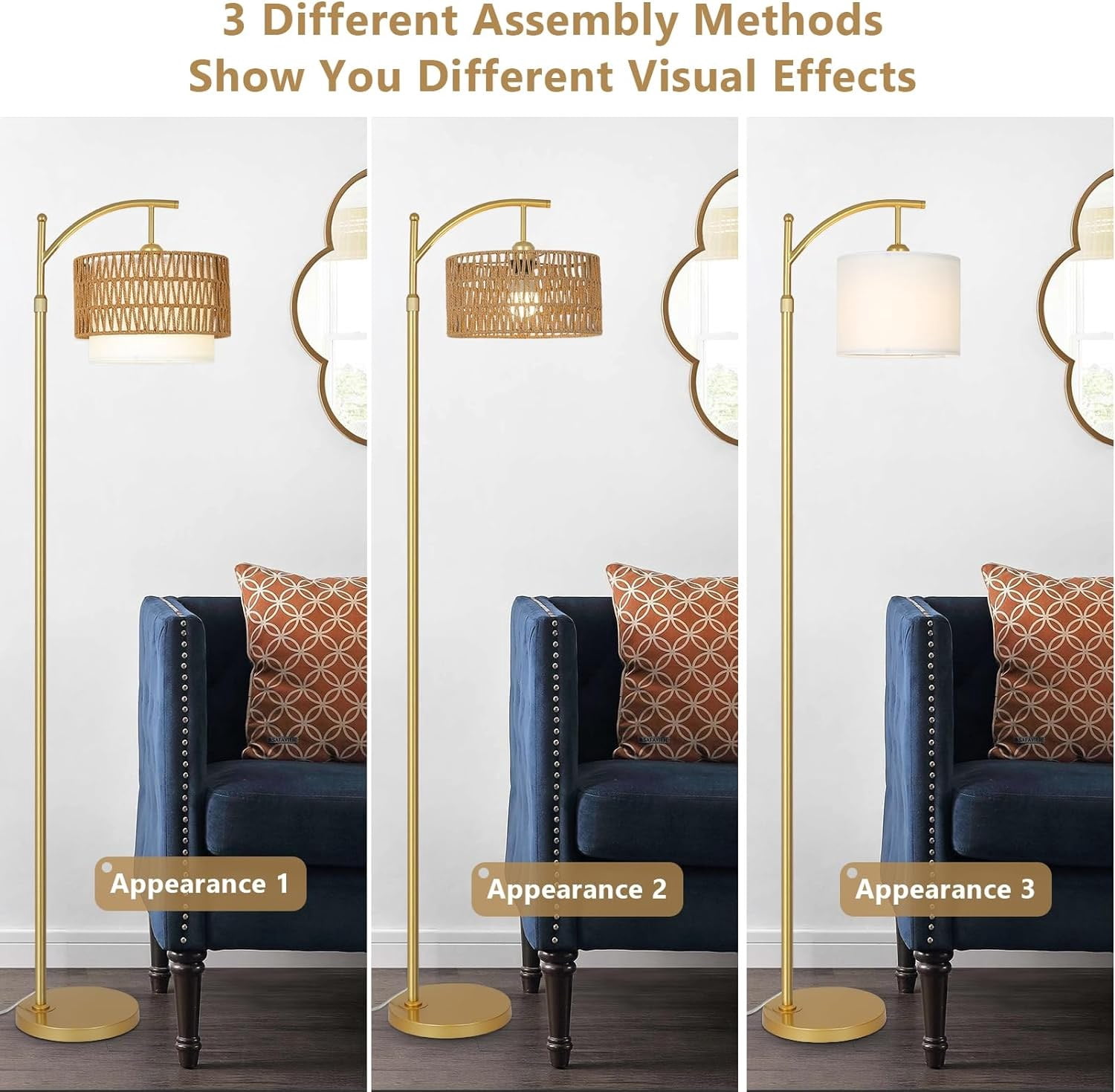 Brown+Gold Rattan and Metal Floor Lamp with Remote and Dimmable LED Bulb, Adjustable Standing Lamp for Living Room and Bedroom