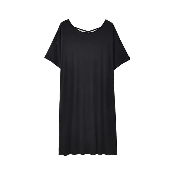 MGDXOX Women's Oversized Short Sleeve Nightgown Crew Neck Backless Soft Sleep Shirt Dress for Loungewear Black L