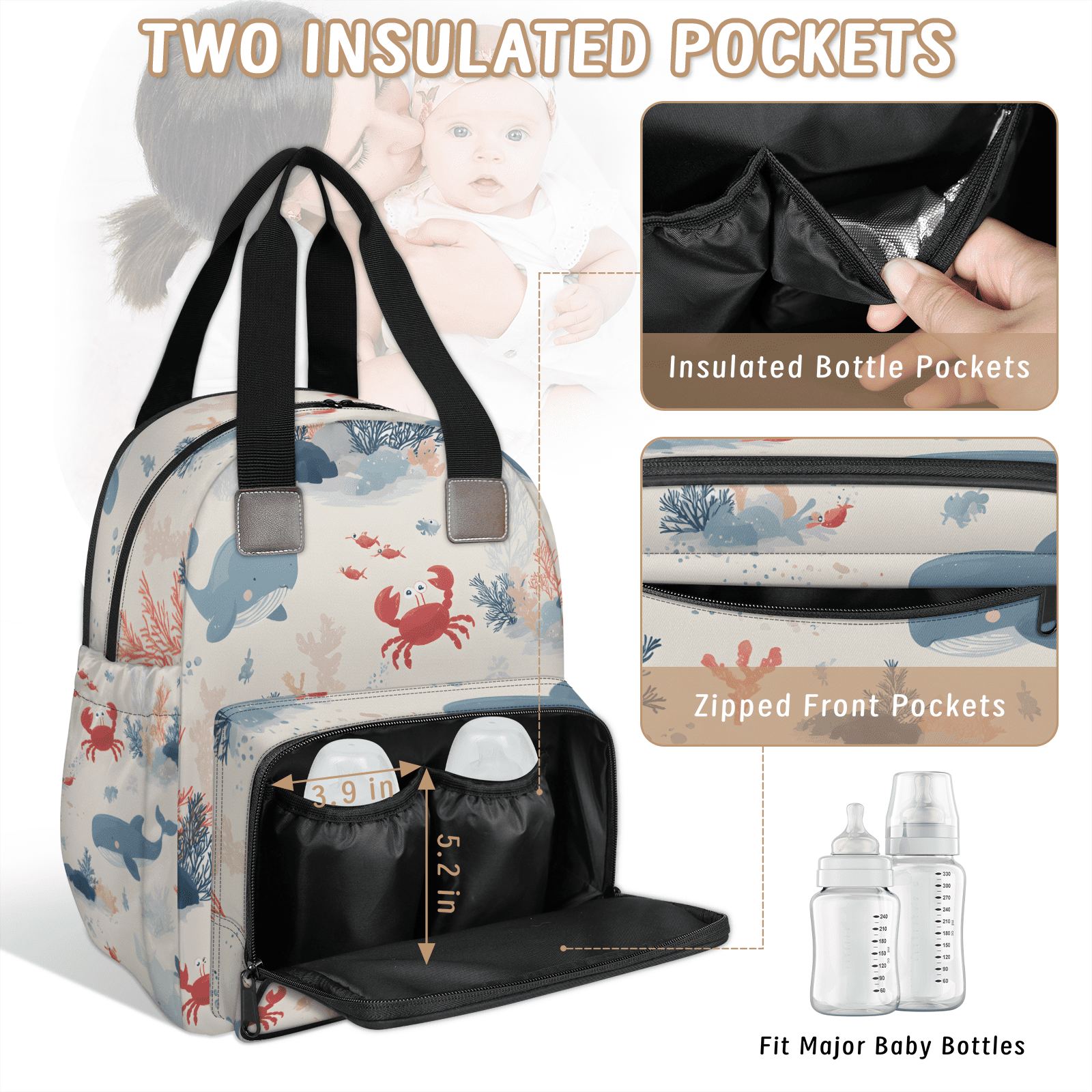 Multifunctional Diaper Bag Backpack with USB Port & Stroller Straps,Large Capacity Maternity Baby Bag for Mom & Dad