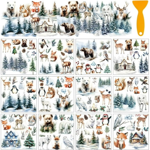 12 Sheets Winter Animals Window Clings Deer Rub on Transfer Stickers Furniture Decal for Home School Office Decoration Holiday Winter Decor DIY Crafts Supplies 5.5x5.5