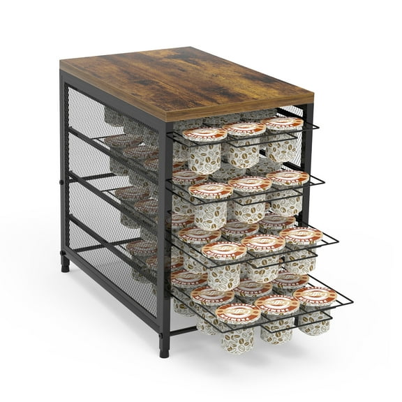 4-Tier Pull-Out Coffee Pod Organizer Holds 72 Pods Rustic Wood Top Storage Rack for Kitchen/Bars